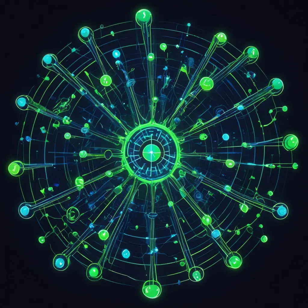Infographic showing 6 core features as interconnected icons in circular flow diagram with animation indicators